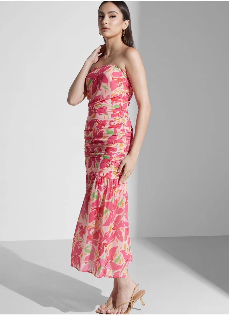 PRETTY LAVISH Bardot Floral Ruched Dress