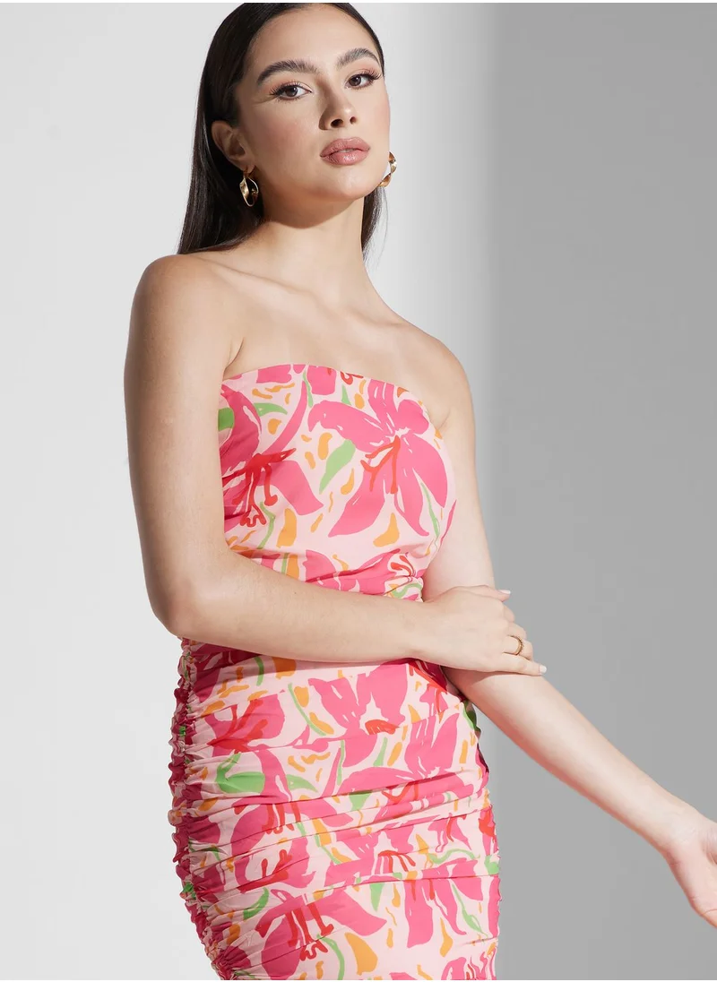 PRETTY LAVISH Bardot Floral Ruched Dress
