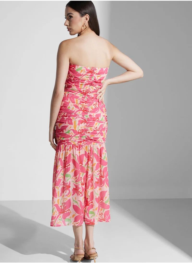 PRETTY LAVISH Bardot Floral Ruched Dress