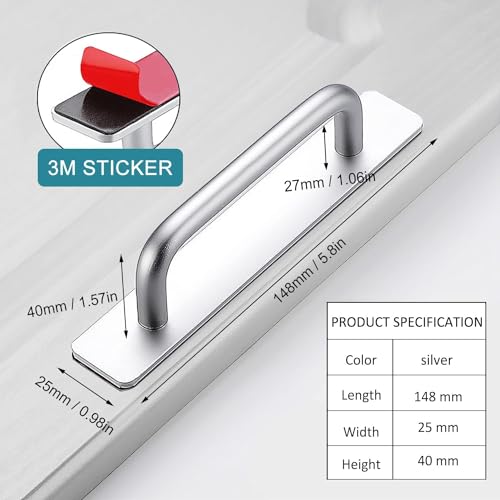 DHVSAM Adhesive Cabinet Handles, Self-Stick Instant Cabinet Handles Alloy No Drilling Push Pull Handles Helper for Kitchen Cabinet Drawer Window Sliding Closet (Silver, 2 Pcs) - Image 2