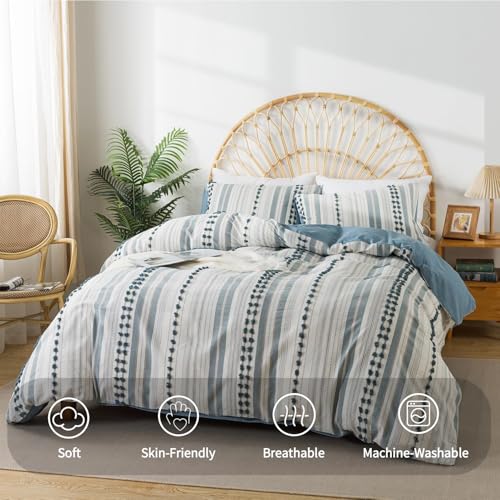 La Sheer Washed Cotton Twin Size Duvet Cover Set - Tufted Dots Boho Chic Bedding for All Seasons, Striped Bohemain Bedding Linen Like Textured Breathable Durable Soft Comfy (Blue, 66''x90'') - Image 2