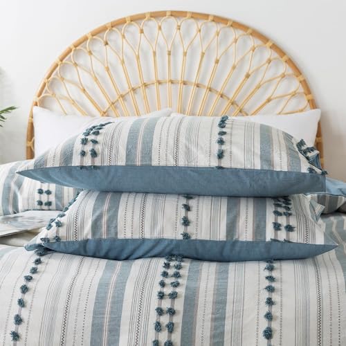La Sheer Washed Cotton Twin Size Duvet Cover Set - Tufted Dots Boho Chic Bedding for All Seasons, Striped Bohemain Bedding Linen Like Textured Breathable Durable Soft Comfy (Blue, 66''x90'') - Image 5
