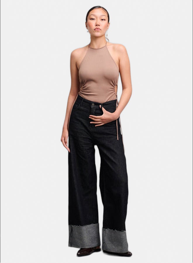 TGS Raw Black Wide Leg Contrast Cuff Women Jeans - Image 1