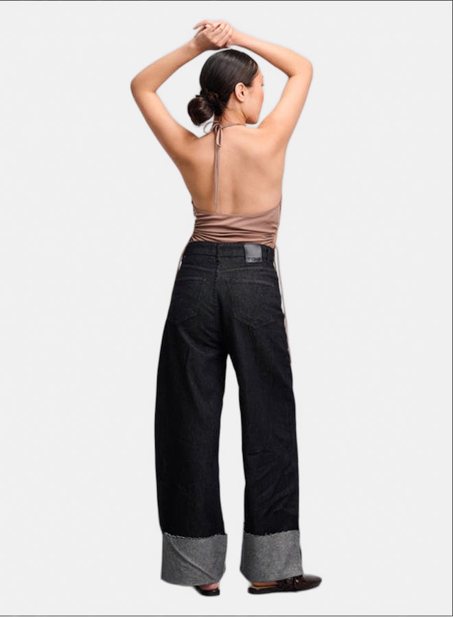 TGS Raw Black Wide Leg Contrast Cuff Women Jeans - Image 2