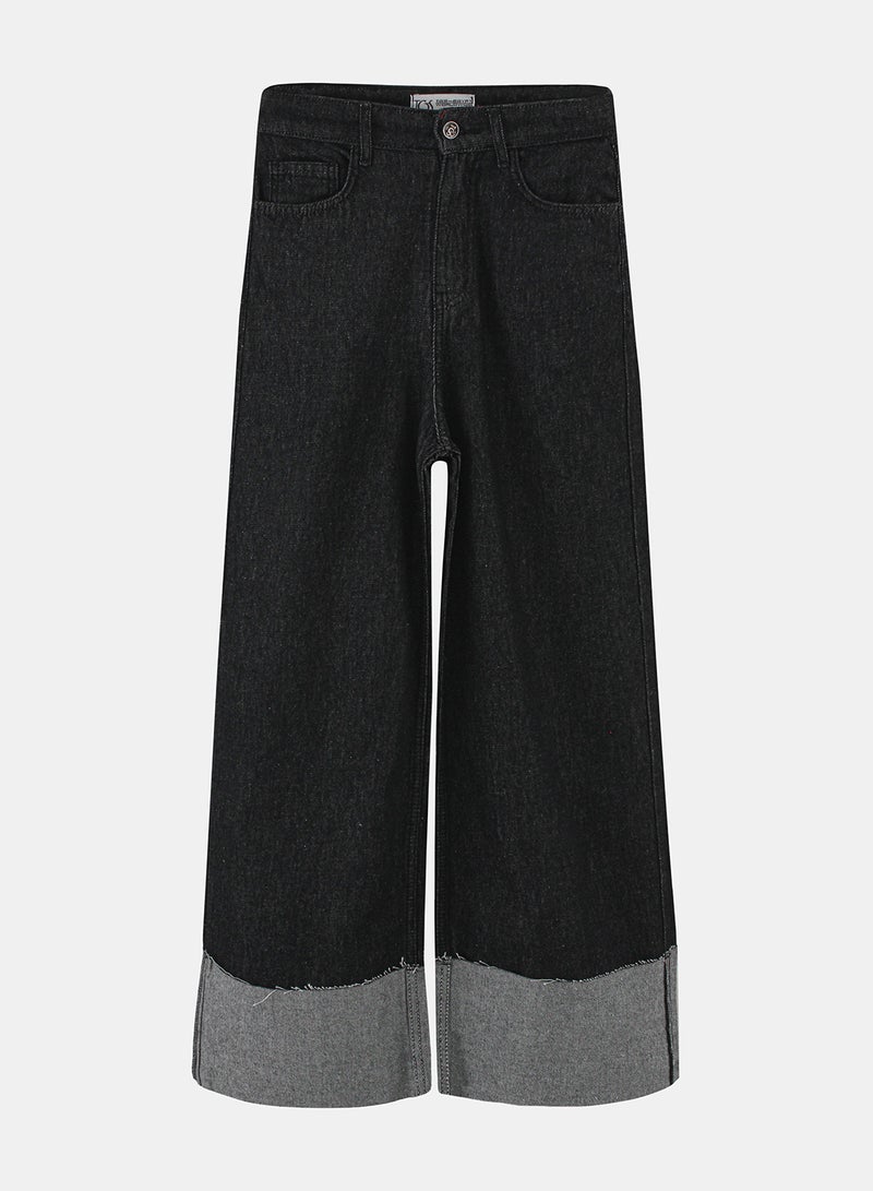 TGS Raw Black Wide Leg Contrast Cuff Women Jeans - Image 3