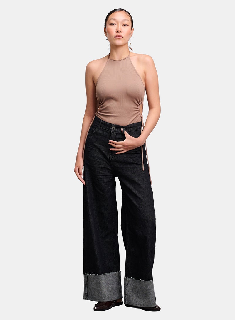 TGS Raw Black Wide Leg Contrast Cuff Women Jeans - Image 1