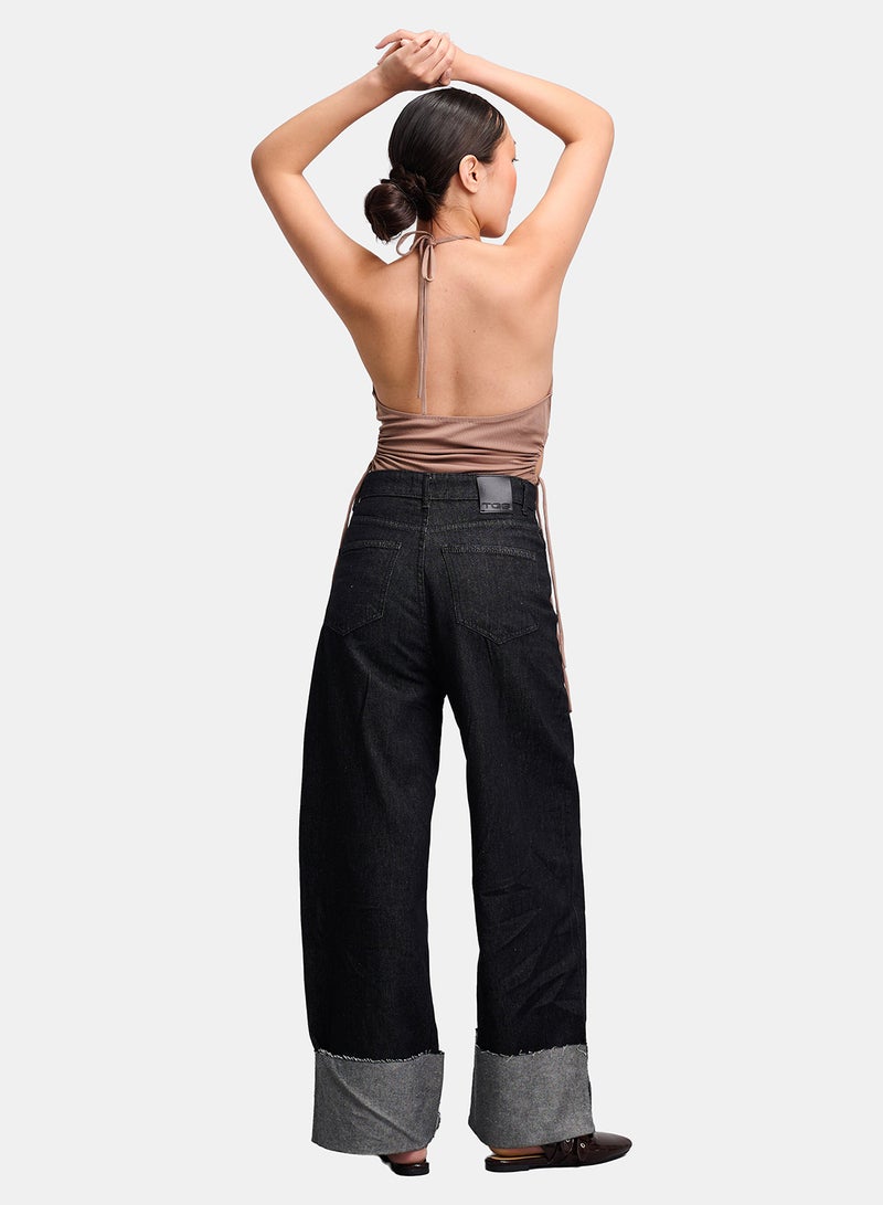 TGS Raw Black Wide Leg Contrast Cuff Women Jeans - Image 2