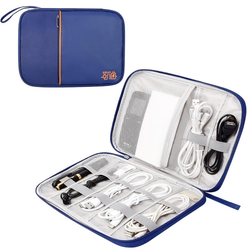Ambiger Leather Electronic Gadget Organizer Travel Cable Accessories Bag Travel Cord Organizer Case Compact Electronics Accessories Bag For Cable, Cord, Charger, Phone, Hard Drive (Navy Blue) - Image 1