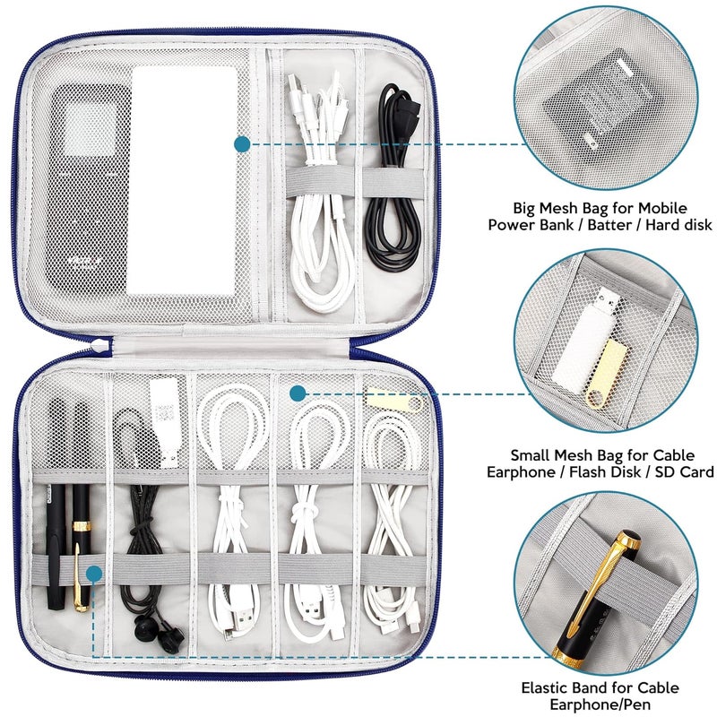 Ambiger Leather Electronic Gadget Organizer Travel Cable Accessories Bag Travel Cord Organizer Case Compact Electronics Accessories Bag For Cable, Cord, Charger, Phone, Hard Drive (Navy Blue) - Image 3