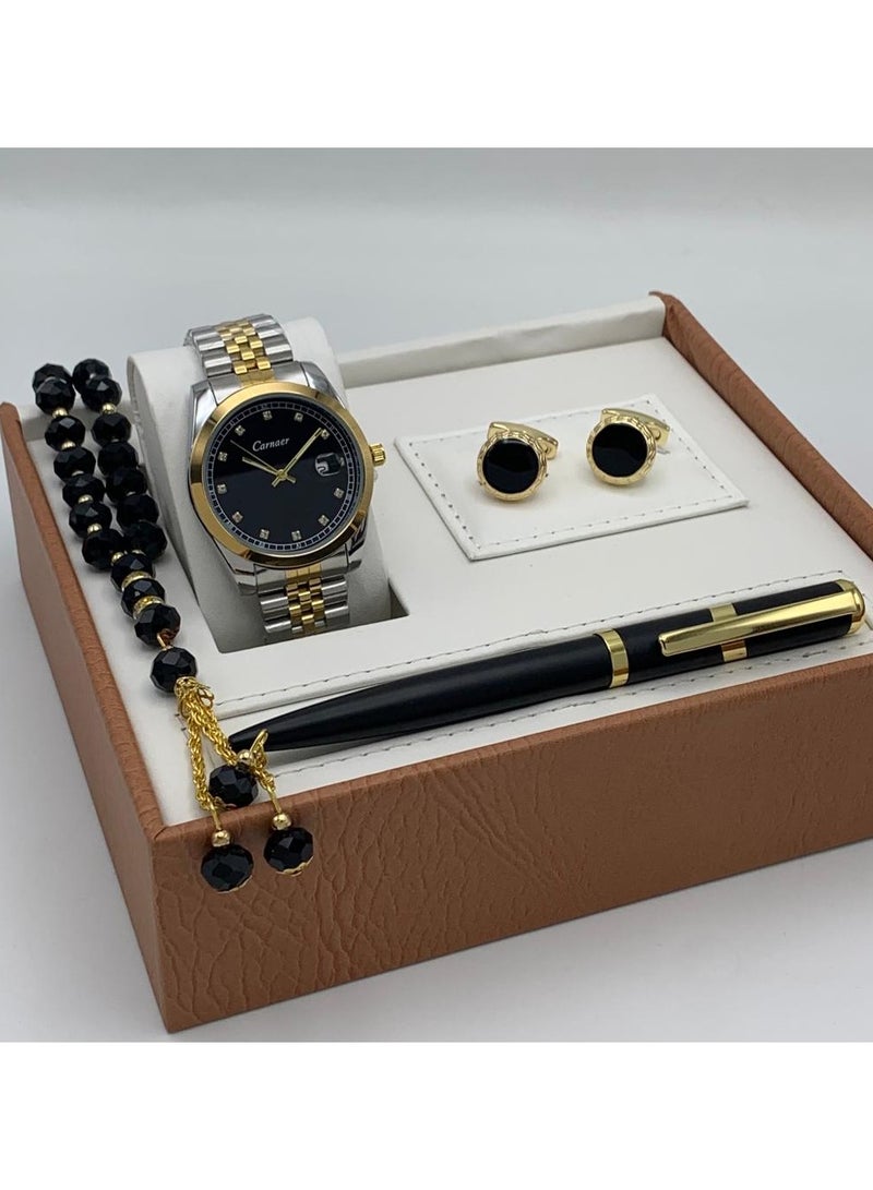 Men's set from Carnaer, consisting of fuor pieces: a watch, a pen, cufflinks, and a rosary.