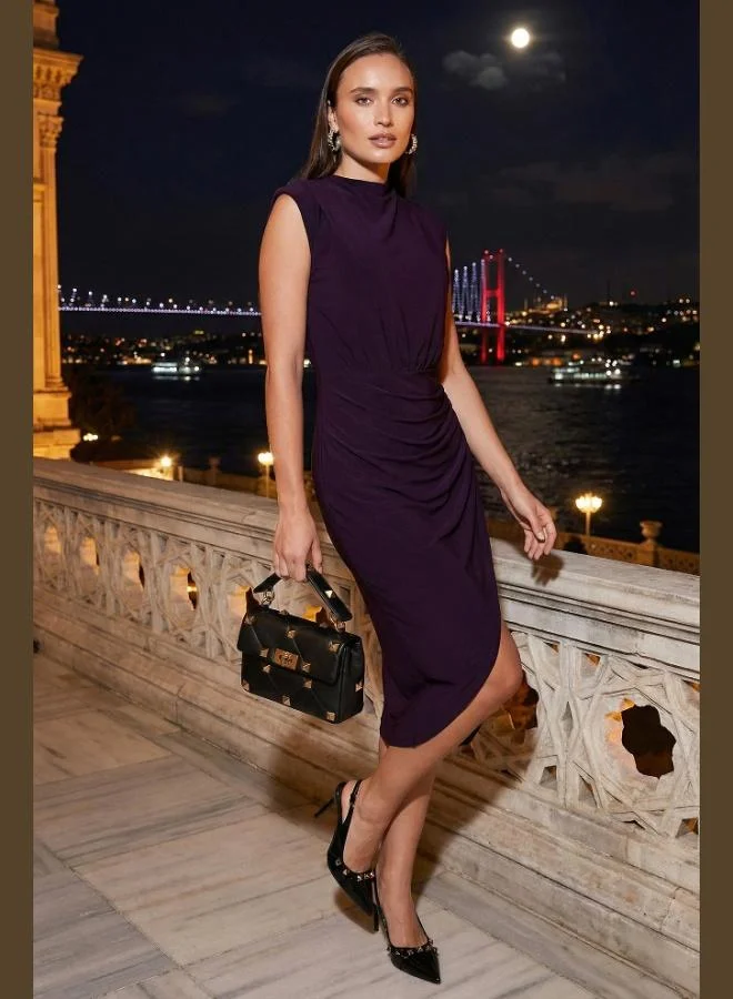 Lela Lela Drape and Slit Detailed Zero Collar Sleeveless Midi Length Dress Women's DRESS 611EL694