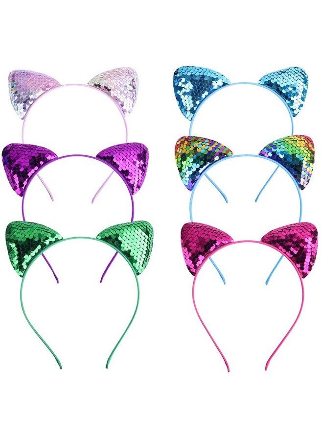 ericotry 6 Pieces Cat Ears Headbands Sequin Cat Ear Headband Hair Hoops Reversible Shiny Hairband Hair Accessories For Women Girls Daily Wearing And Party Decoration Best Xmas Gifts (Color Random)  - Image 1