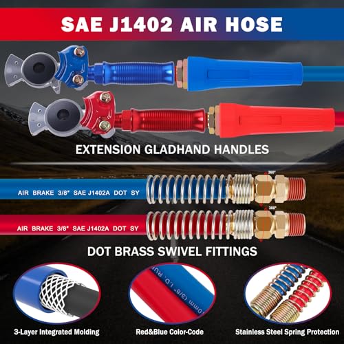 CheeMuii 15 FT Semi Truck Air Line Hose Assembly with Tender Spring & Gladhands & Handles Rubber Air Brake Hoses Kit for Truck Trailer Tractor - (Red & Blue Color-Coded) - Image 4