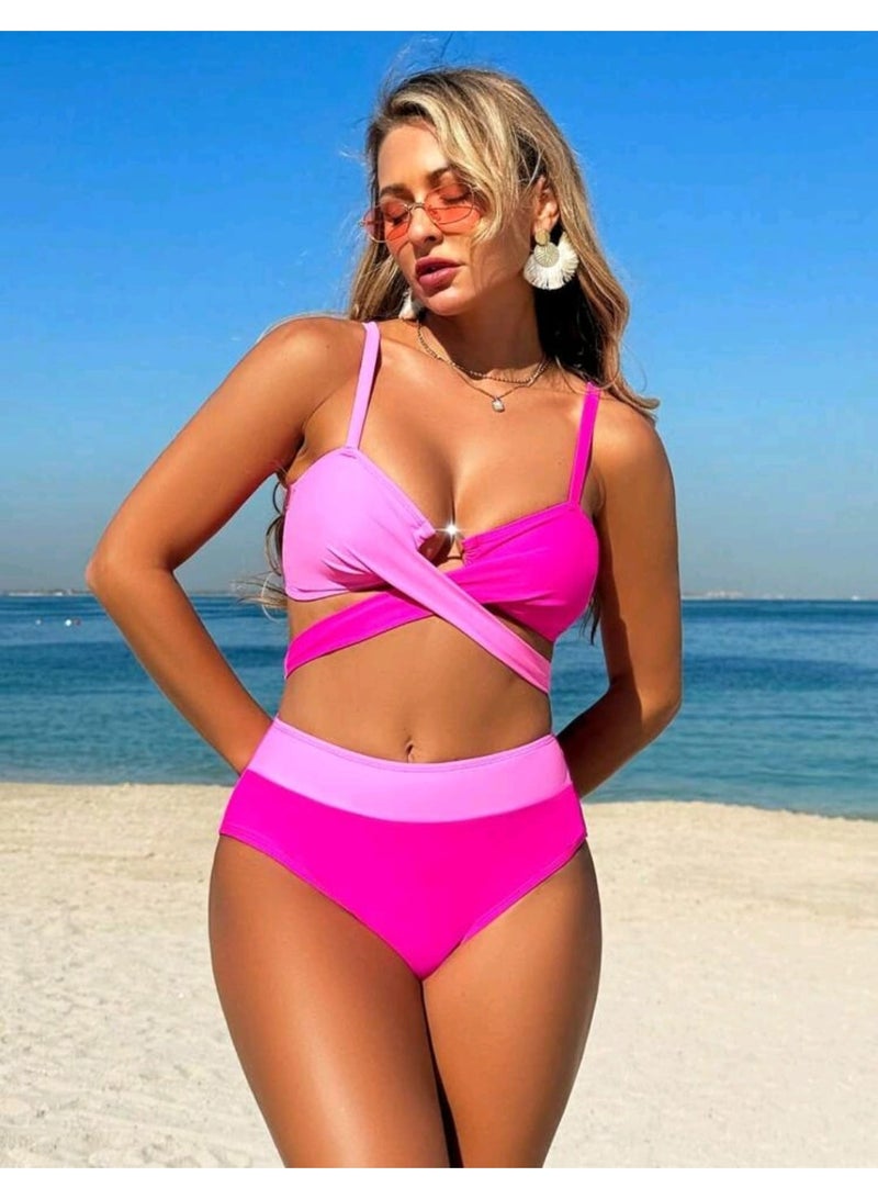 شي إن طقم بيكيني صيفي من قطعتين من SHEIN للسباحة للنساء بخصر عالٍ ومتقاطع بألوان متعددة - Image 1