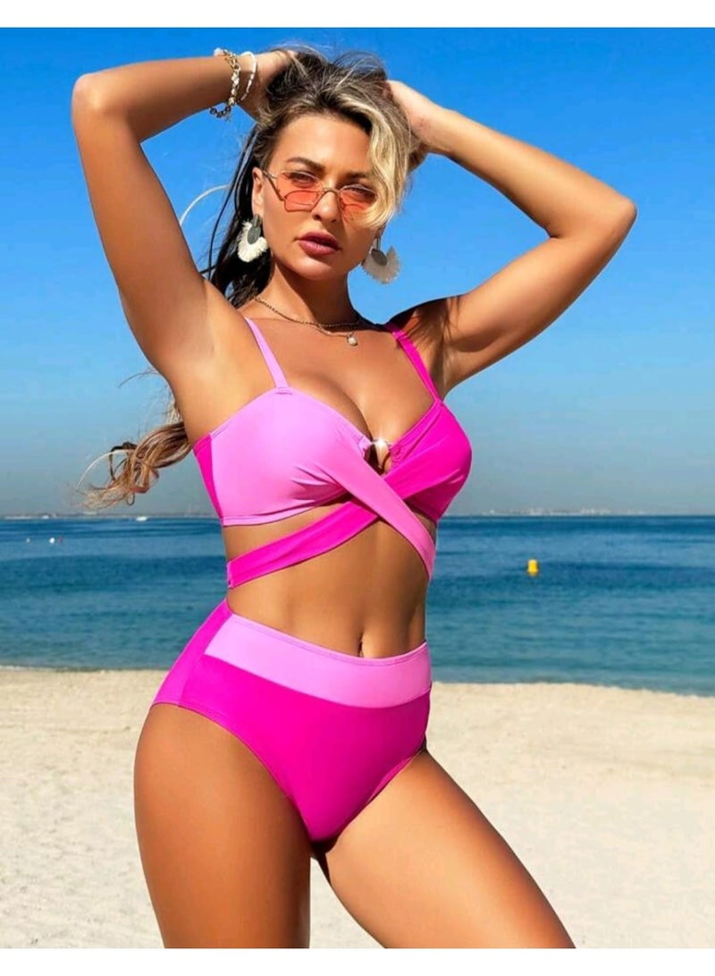 شي إن طقم بيكيني صيفي من قطعتين من SHEIN للسباحة للنساء بخصر عالٍ ومتقاطع بألوان متعددة - Image 4