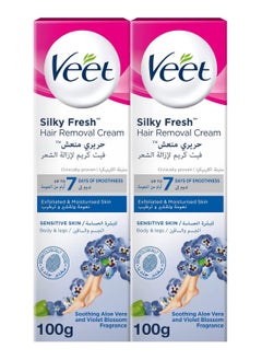 Veet Silky Fresh Hair Removal Cream Body & Legs for Sensitive Skin, Soothing Aloe Vera & Violet Blossom Fragrance – 100g Twin Pack