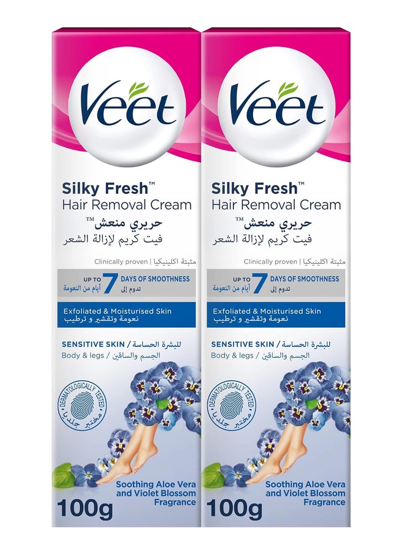 Veet - Veet Silky Fresh Hair Removal Cream Body & Legs for Sensitive Skin, Soothing Aloe Vera & Violet Blossom Fragrance – 100g Twin Pack - Image 1