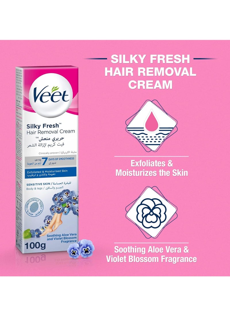 Veet - Veet Silky Fresh Hair Removal Cream Body & Legs for Sensitive Skin, Soothing Aloe Vera & Violet Blossom Fragrance – 100g Twin Pack - Image 1