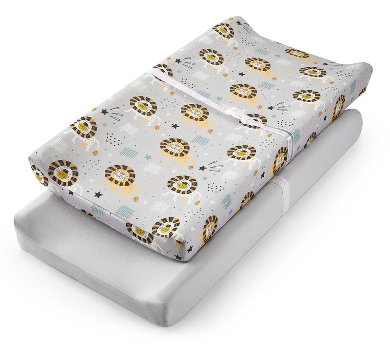 TILLYOU Changing Pad Cover Set in Soft Jersey Material - Fits 32"/34''x16 Contoured Pad for Babies, Lion's Paradise and Grey - Image 1