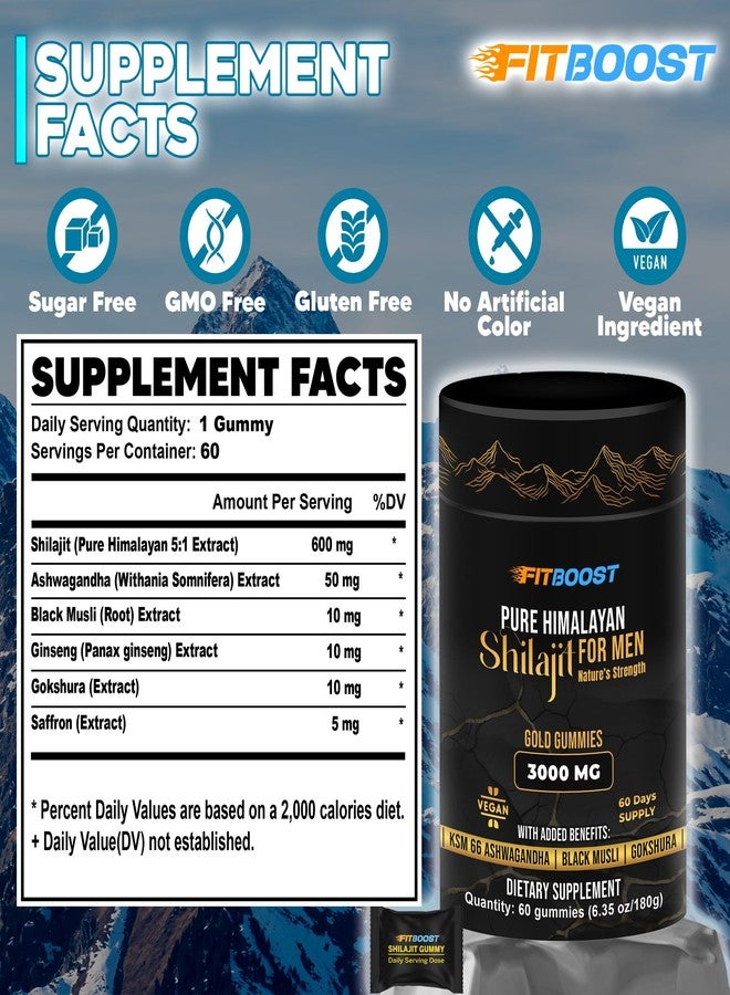 FITBOOST حلوى فيتبوست الطبيعية من شيلاجيت الهيمالايا المجففة بالشمس للرجال أو النساء، تكفي لمدة 60 يومًا. حلوى شيلاجيت للرجال، قوة إضافية 3000 ملغ، فوائد إضافية: غنية بحمض الفولفيك، أكثر من 85 نوعًا من المعادن النادرة، خالية من السكر. - Image 3