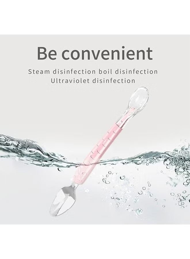 Double Head Baby Silicone Food Spoon, Portable Stainless Steel BPA Free Scraping Mud Spoon, Practical Weaning Supplies (Pink) - Image 3