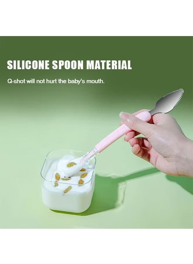 Double Head Baby Silicone Food Spoon, Portable Stainless Steel BPA Free Scraping Mud Spoon, Practical Weaning Supplies (Pink) - Image 5