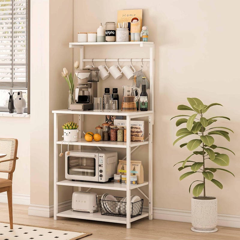 JOYSEUS 4-Tier Multifunctional Kitchen Storage Rack & Coffee Corner Table with 5 S-Hooks, Adjustable Shelves, X-Brace Design for Stability, Waterproof Microwave Stand (white) - Image 1