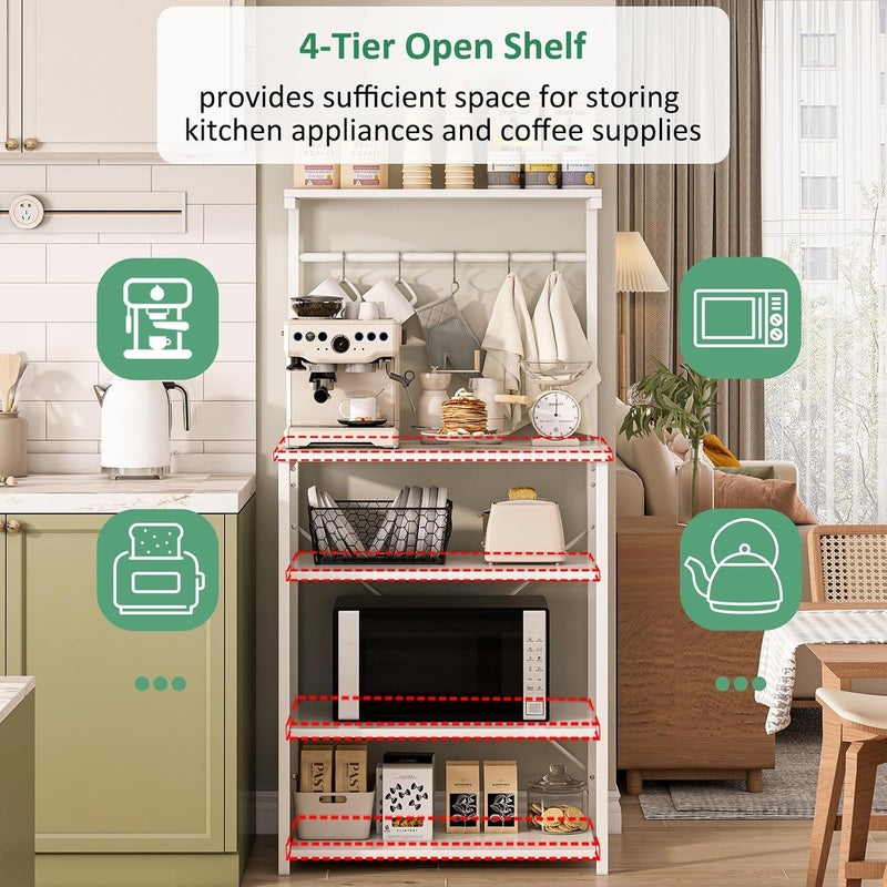 JOYSEUS 4-Tier Multifunctional Kitchen Storage Rack & Coffee Corner Table with 5 S-Hooks, Adjustable Shelves, X-Brace Design for Stability, Waterproof Microwave Stand (white) - Image 3