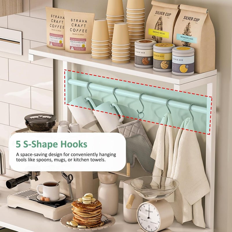 JOYSEUS 4-Tier Multifunctional Kitchen Storage Rack & Coffee Corner Table with 5 S-Hooks, Adjustable Shelves, X-Brace Design for Stability, Waterproof Microwave Stand (white) - Image 5
