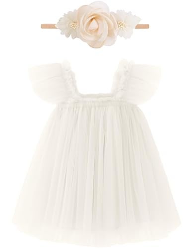 ANHDM Baby Girl First Birthday Outfit Cake Smash Short Sleeve Tulle Dresses 1st Birthday Dress with Flower Headband, White, 12 Months=Tag 90 - Image 1