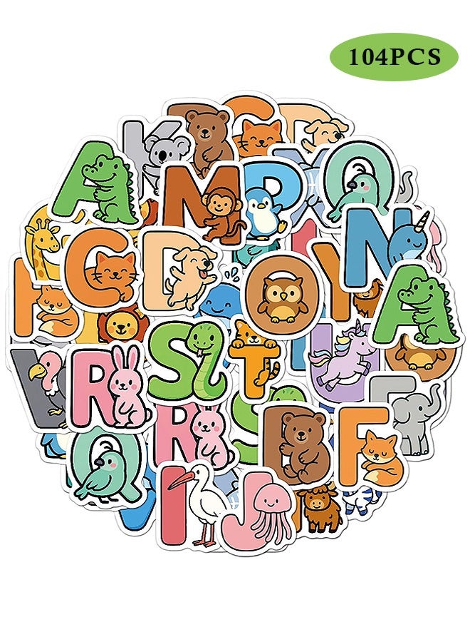 MXN 104 Pcs Alphabet ABC Stickers Vinyl Waterproof Cute Animal Colorful Letter Sticker, Self-Adhesive Dinosaurs Ocean Animals Insects Stickers for Decorative Scrapbooking Calendar, Kids Boys DIY Gift - Image 1