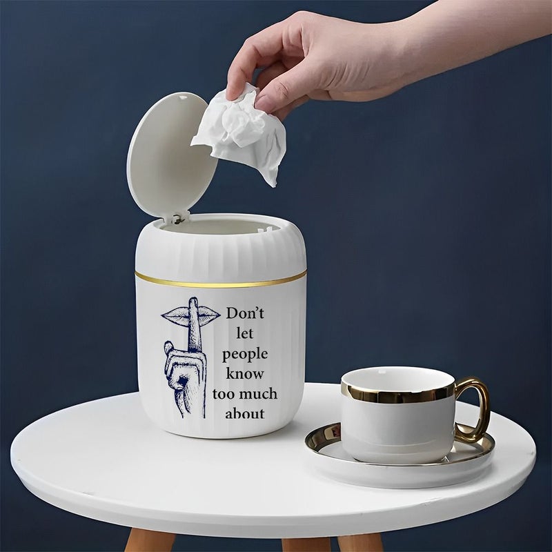 White Mini Cylindrical Press On Lid Trash Can Compact Desktop Waste Bin Space Saving for Office Bedside - Image 2