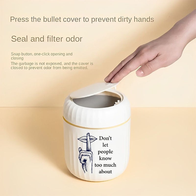 White Mini Cylindrical Press On Lid Trash Can Compact Desktop Waste Bin Space Saving for Office Bedside - Image 4