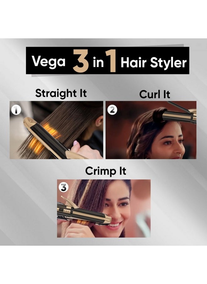 Vega - 3 In 1 Hair Styler For Women, (India'S No.1* Hair Styler Appliance Brand) Straightener, Curler And Crimper, Suitable For All Hair Types, Gold-Black (Vhscc-01) - Image 1