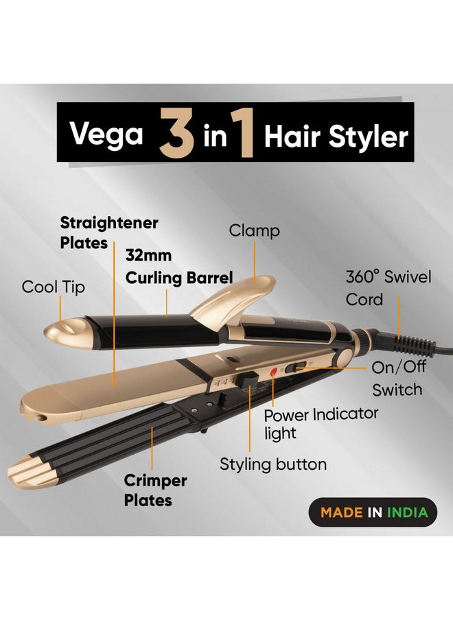 Vega - 3 In 1 Hair Styler For Women, (India'S No.1* Hair Styler Appliance Brand) Straightener, Curler And Crimper, Suitable For All Hair Types, Gold-Black (Vhscc-01) - Image 1