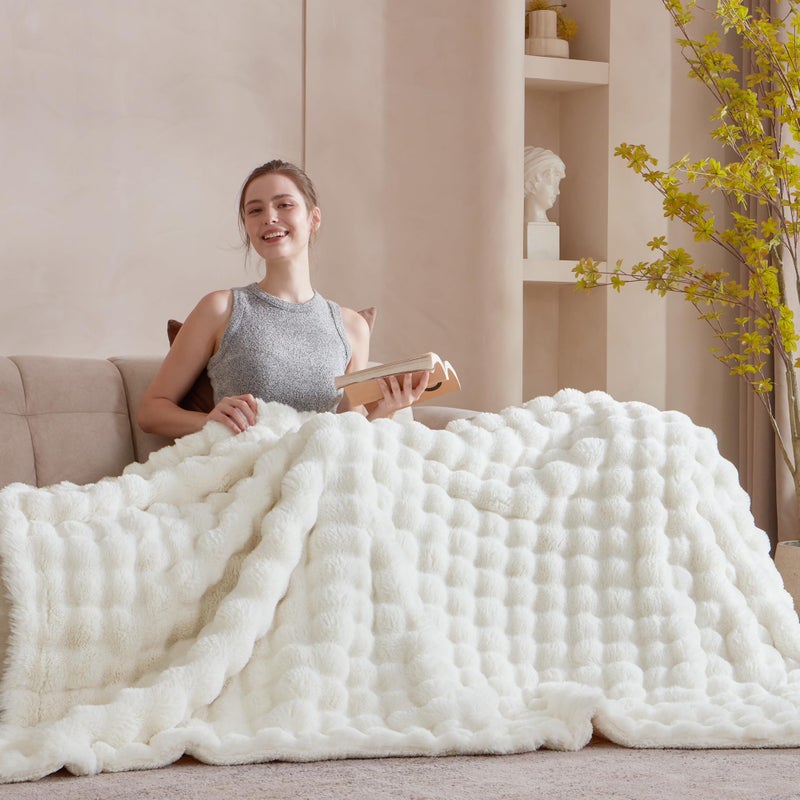 Serenhom 60x80 Inches Ultra-Soft Fuzzy Faux Fur Plush Twin Size Blanket - Thick  Warm Sherpa for Couch  Sofa  Bedroom  Camping - Decorative Blanket for Cozy Warmth  Bubble Ivory White - Image 3