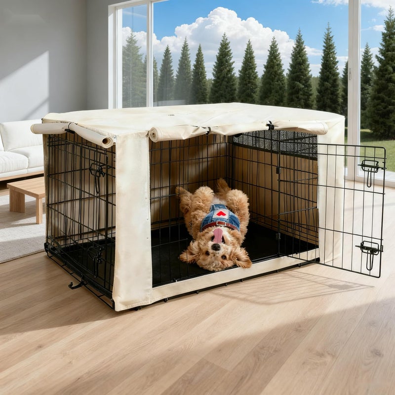 HiCaptain Breathable Dog Crate Cover 36 Inch Durable Heavy Duty Kennel Cover Dual Zippered Panels Windproof Waterproof UVResistantBeige