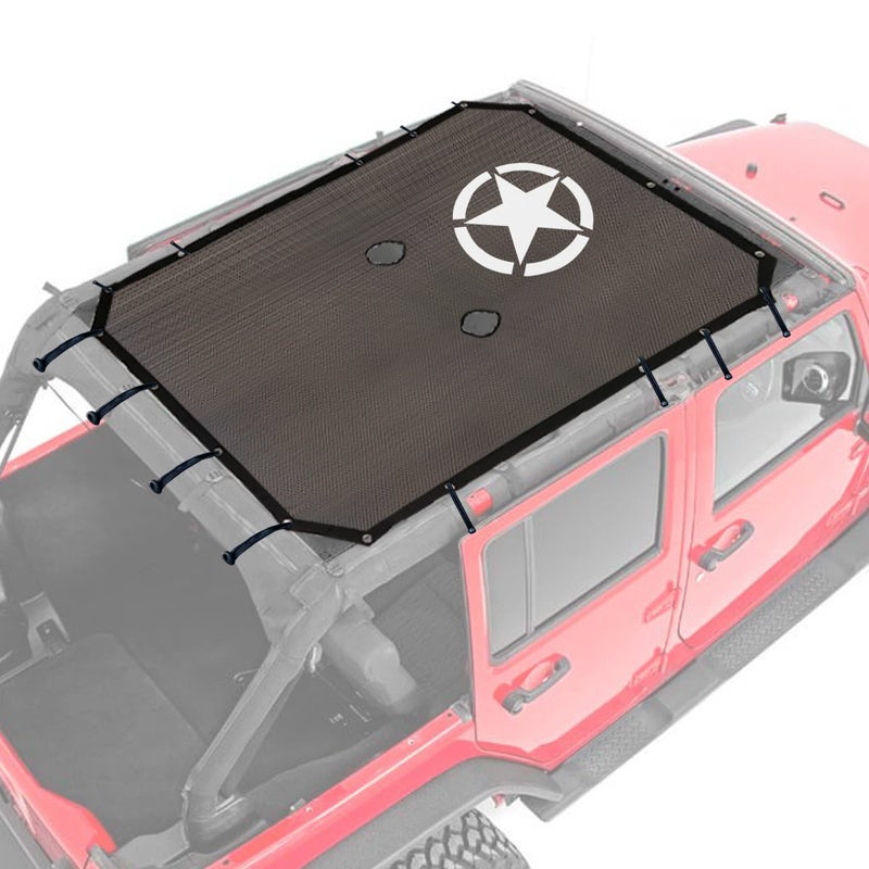 RERPRO Sunshade for 2007-2018 Jeep Wrangler JKU 4 Door Full Length Mesh Sun Shade, JK Unlimited, Sport, Sport S, Sahara, Rubicon Sunshade Bikini Soft Top Cover Net, Blocks UV, Wind, Noise, Black Star - Image 1