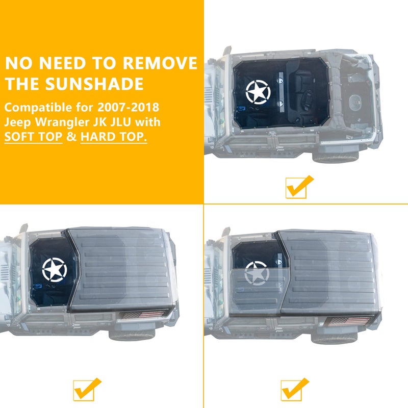 RERPRO Sunshade for 2007-2018 Jeep Wrangler JKU 4 Door Full Length Mesh Sun Shade, JK Unlimited, Sport, Sport S, Sahara, Rubicon Sunshade Bikini Soft Top Cover Net, Blocks UV, Wind, Noise, Black Star - Image 5