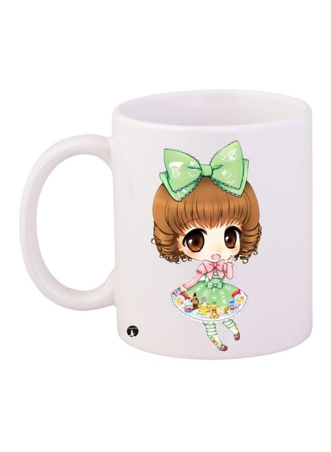 RYN Cartoon Girl Printed Coffee Mug White/Green/Brown 11ounce