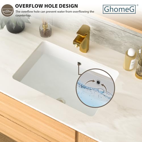 GhomeG Undermount Bathroom Sink Rectangle 21x15 Inch White Rectangular Porcelain Ceramic Vessel Sink with Overflow Under Counter Lavatory Vanity - Image 3