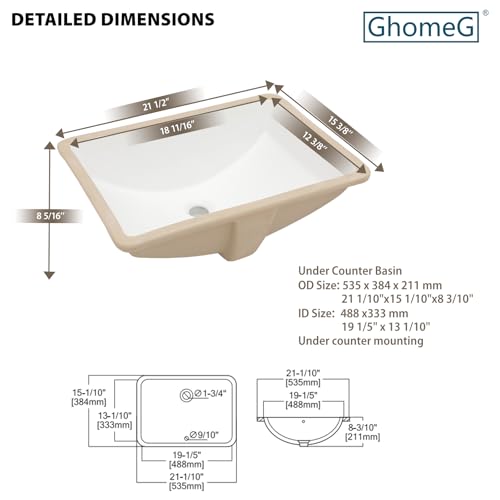 GhomeG Undermount Bathroom Sink Rectangle 21x15 Inch White Rectangular Porcelain Ceramic Vessel Sink with Overflow Under Counter Lavatory Vanity - Image 5