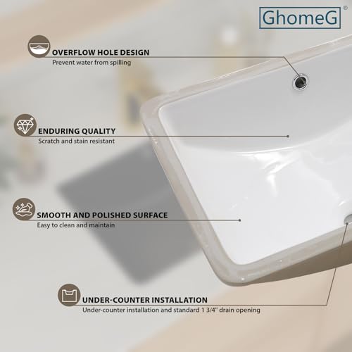 GhomeG Undermount Bathroom Sink Rectangle 21x15 Inch White Rectangular Porcelain Ceramic Vessel Sink with Overflow Under Counter Lavatory Vanity - Image 4