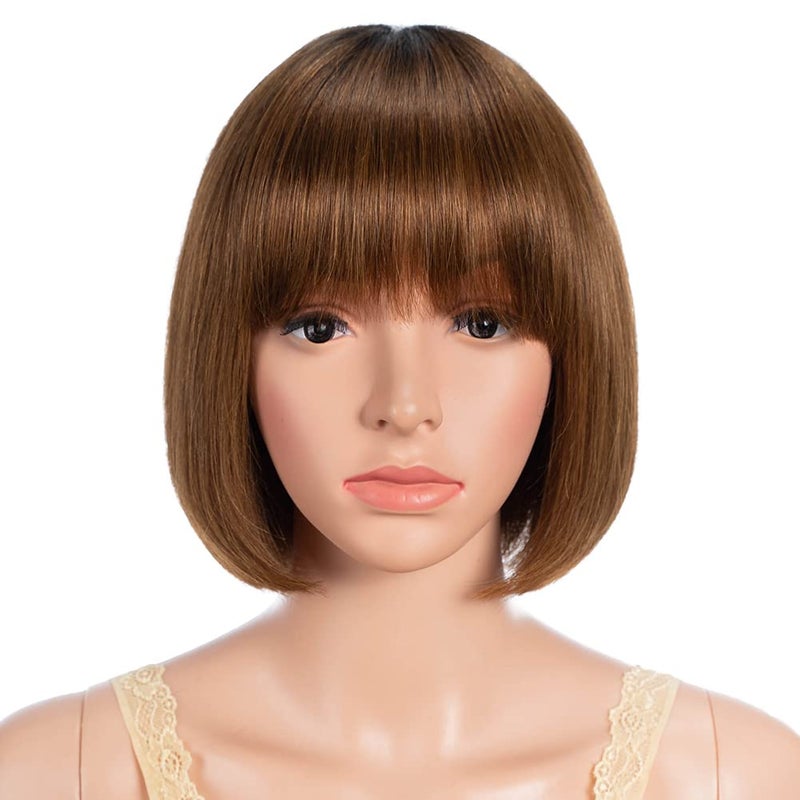 JOEDIR HAIR Bob Human Hair Wig with Bangs for Black Women Ombre Brown 8 Inch Short Straight Bob Wig Glueless Machine Made Wig