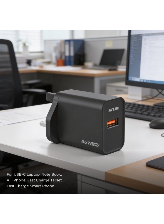 ERD شاحن سريع ERD TCU-663 66W بتقنية GaN مع كابل USB-A إلى USB-C | تقنية نيتريد الغاليوم عالية الكفاءة | توافق عالمي مع MacBook Air و iPhone 15/14/13 Pro Max و iPad و Samsung Galaxy وأجهزة الكمبيوتر المحمولة USB-C | محول سفر فائق الصغر مع حماية متعددة الطبقات (أسود) - Image 4