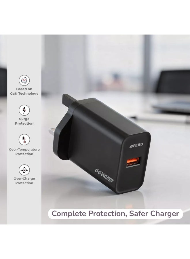 ERD شاحن سريع ERD TCU-663 66W بتقنية GaN مع كابل USB-A إلى USB-C | تقنية نيتريد الغاليوم عالية الكفاءة | توافق عالمي مع MacBook Air و iPhone 15/14/13 Pro Max و iPad و Samsung Galaxy وأجهزة الكمبيوتر المحمولة USB-C | محول سفر فائق الصغر مع حماية متعددة الطبقات (أسود) - Image 3