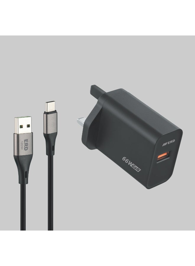 ERD شاحن سريع ERD TCU-663 66W بتقنية GaN مع كابل USB-A إلى USB-C | تقنية نيتريد الغاليوم عالية الكفاءة | توافق عالمي مع MacBook Air و iPhone 15/14/13 Pro Max و iPad و Samsung Galaxy وأجهزة الكمبيوتر المحمولة USB-C | محول سفر فائق الصغر مع حماية متعددة الطبقات (أسود) - Image 2