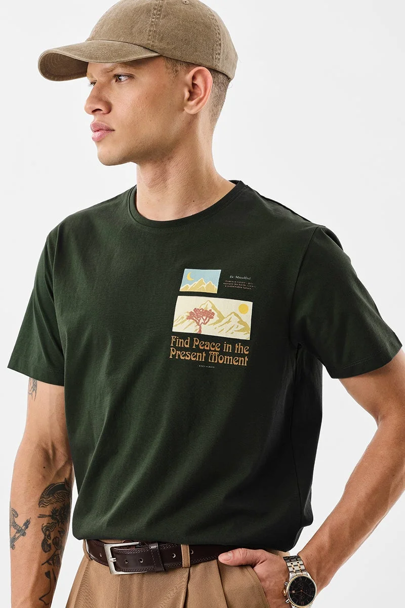 سنيتش Dark Green Graphic Half Sleeve Slim Fit T-Shirt