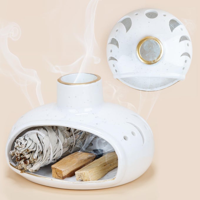 3 in 1 Incense Holder for Palo Santo Sticks Sage Bundles Cone Incense Handcrafted Ceramic Incense Burner Holder Ash Catcher with Chimney Smudge Bowl for Yoga Meditation Room Home Decor