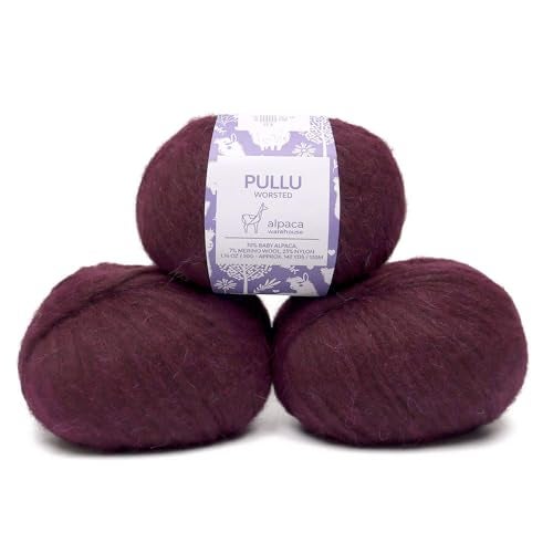 Alpaca Warehouse Pullu - Baby Alpaca Merino Wool Yarn Set of 3 Skeins (150 Grams) Worsted Weight - Sourced Directly from Peru - Heavenly Soft and Perfect for Knitting and Crocheting (Plum) - Image 1